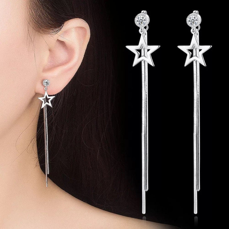 Silver Star Tassel Earrings Short and Long - Platinum Plated