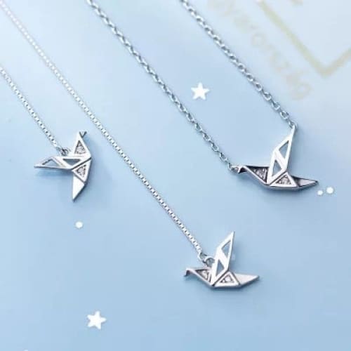 Sterling Silver Paper Crane Bird Threader Earrings - 